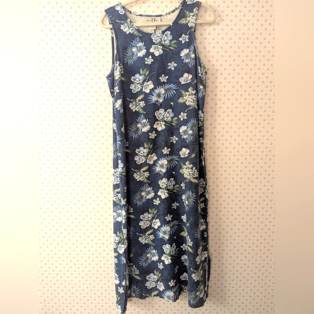 💙 Vintage Original TY Wear 12 Dress Linen Blue Denim Floral Sleeveless